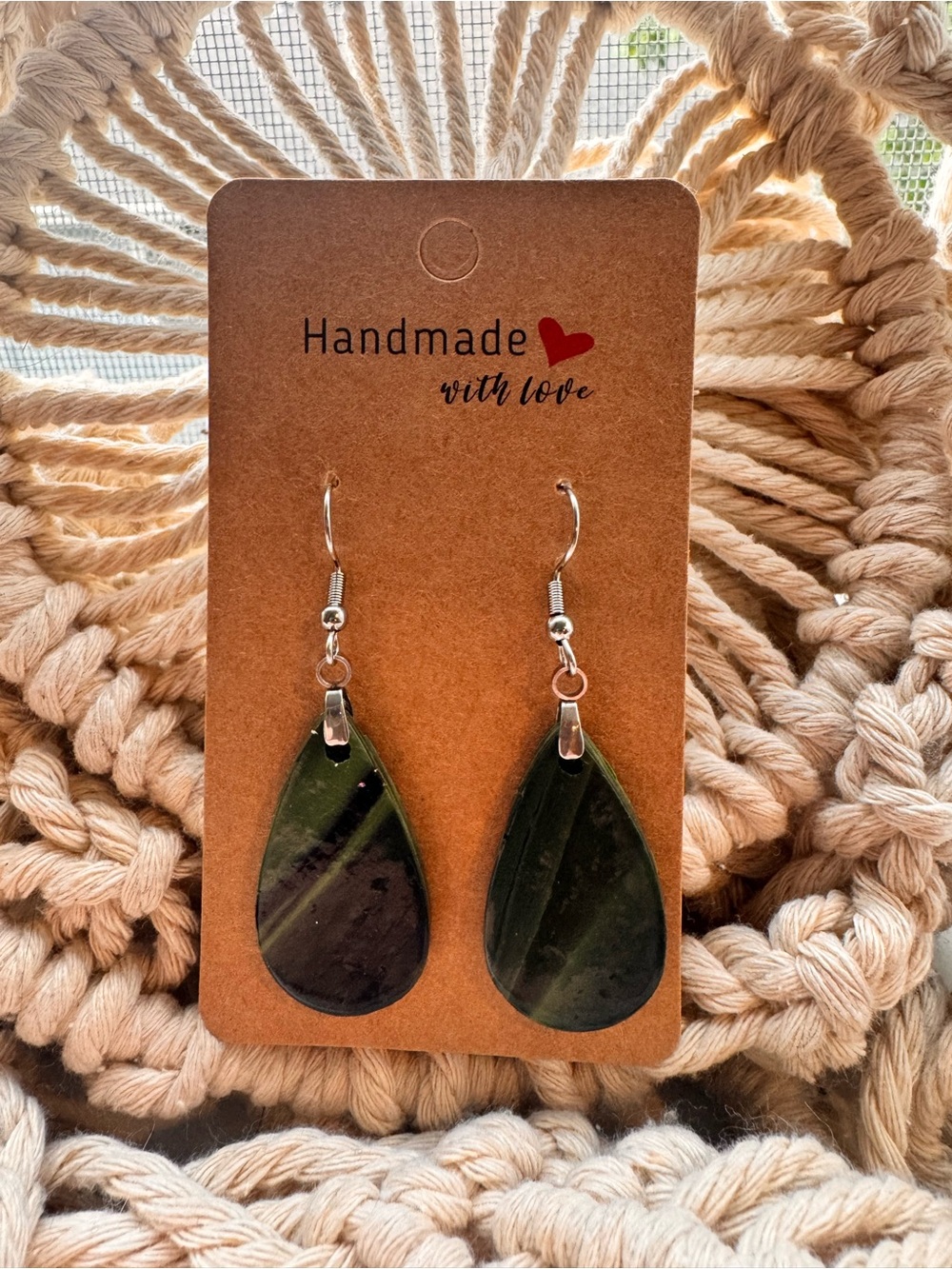 Handmade Dark Green Teardrop Earrings